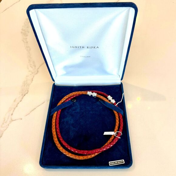 NIB* JUDITH RIPKA Sterling Braided Leather Necklace Set in Brown and Burgundy - Picture 4 of 7